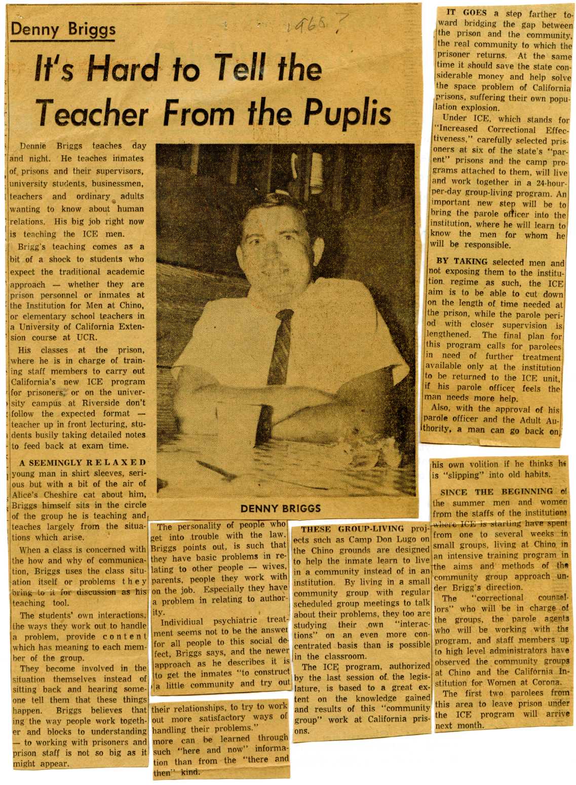newspaper cutting: ‘It’s hard to tell the teacher from the pupils’ by dennie briggs (1968)