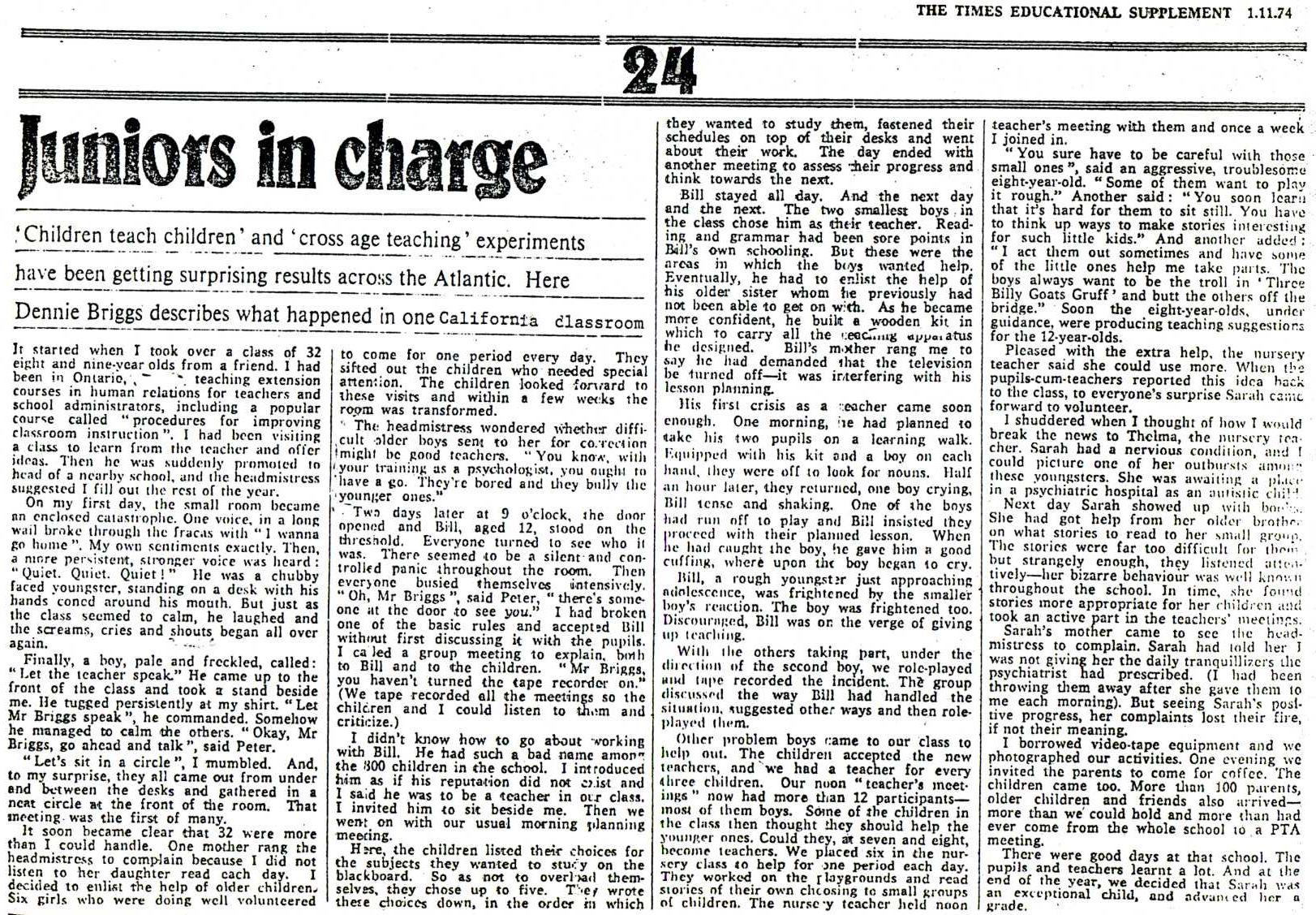 newspaper cutting: ‘juniors in charge’ by dennie briggs, times educational supplement (1 November 1974)