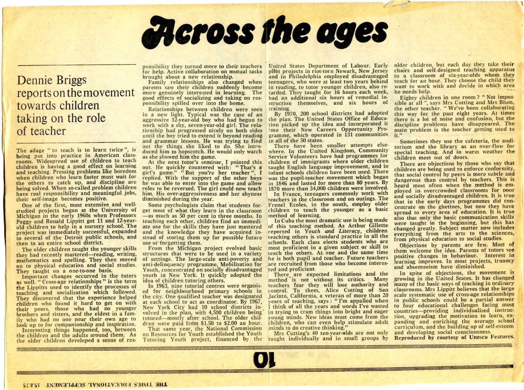 newspaper cutting: ‘across the ages’ by dennie briggs, times educational supplement (15 August 1975), Dennie Briggs reports on the movement towards children taking on the role of teacher