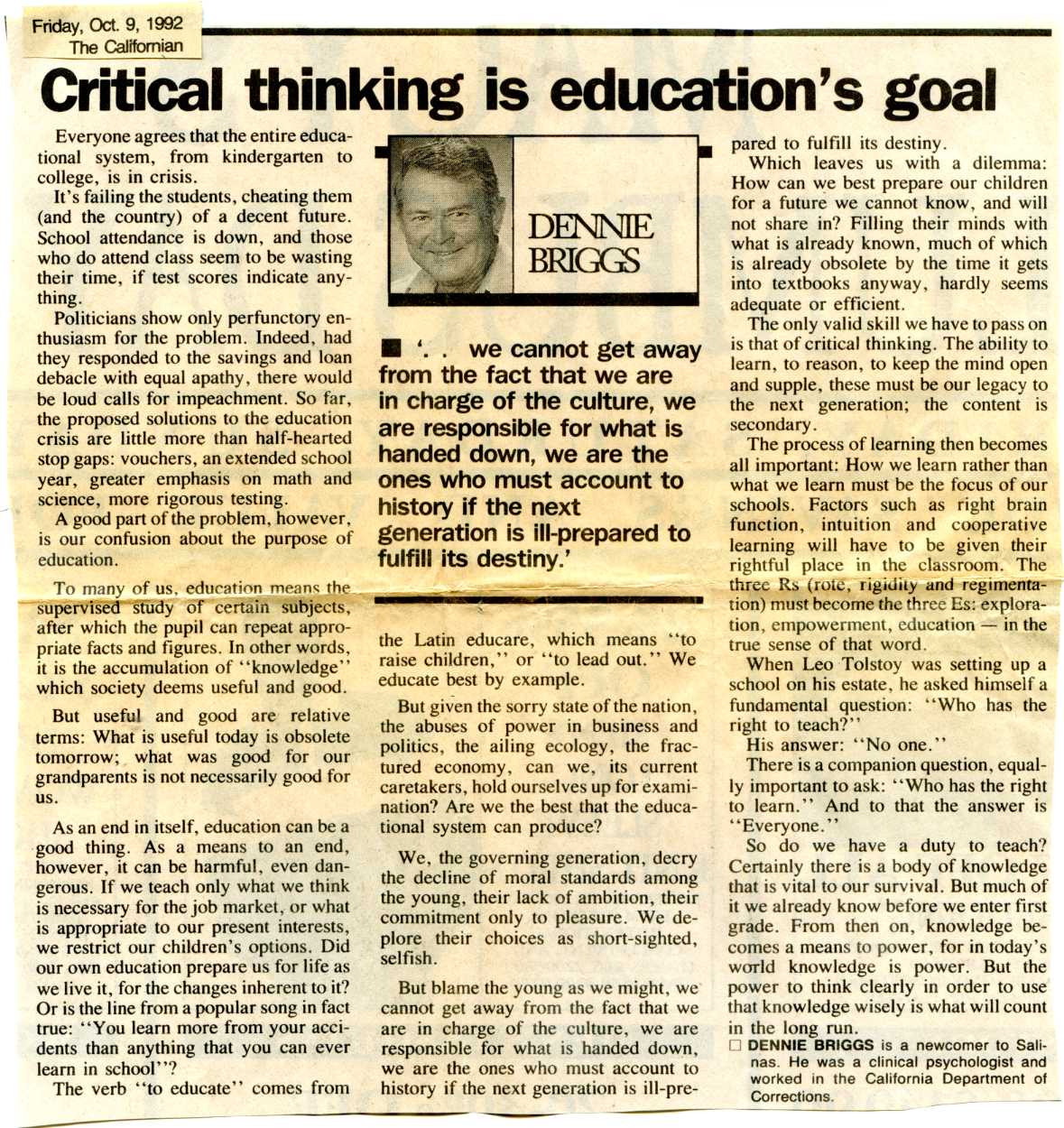 newspaper cutting: 'Critical Thinking is Education's Goal' by Dennie Briggs, The Californian (9th October, 1992)
