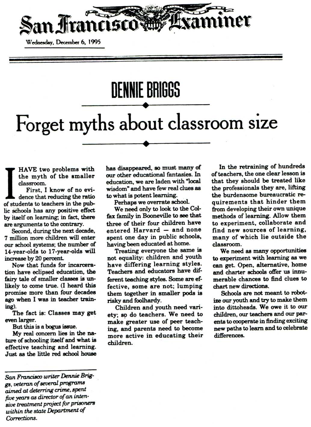newspaper cutting: 'Forget Myths About Classroom Size' by Dennie Briggs, San Francisco Examiner (6th December, 1995)