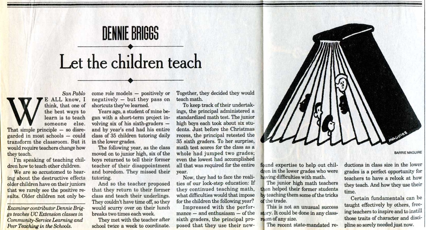 newspaper cutting: 'Let the Children Teach' by Dennie Briggs, San Francisco Examiner (20th September 1996)