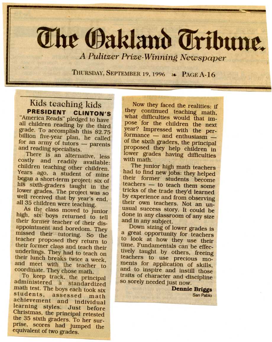 newspaper cutting: ‘‘‘Kids teaching kids’ by Dennie Briggs, Oakland Tribune (19 September 1996)