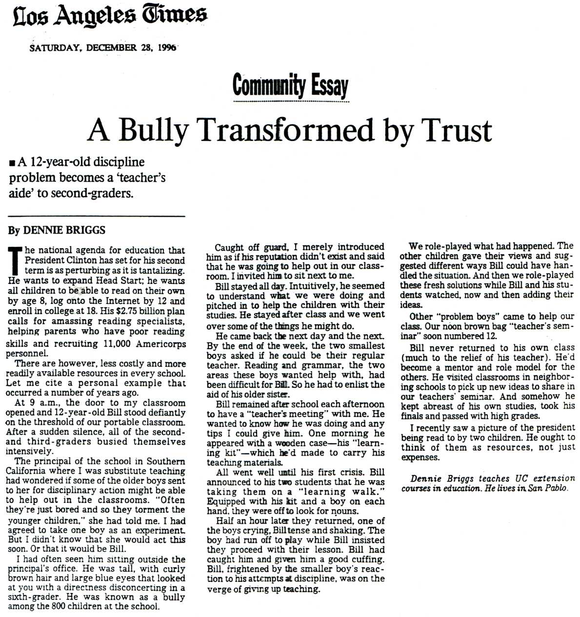 newspaper cutting: 'A Bully Transformed by Trust' by Dennie Briggs, Los Angeles Times (28th December, 1996)