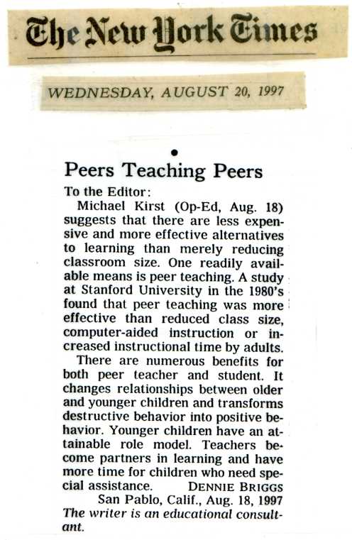 newspaper cutting: ‘‘‘Peers Teaching Peers’ by Dennie Briggs, New York Times (20 August 1997)