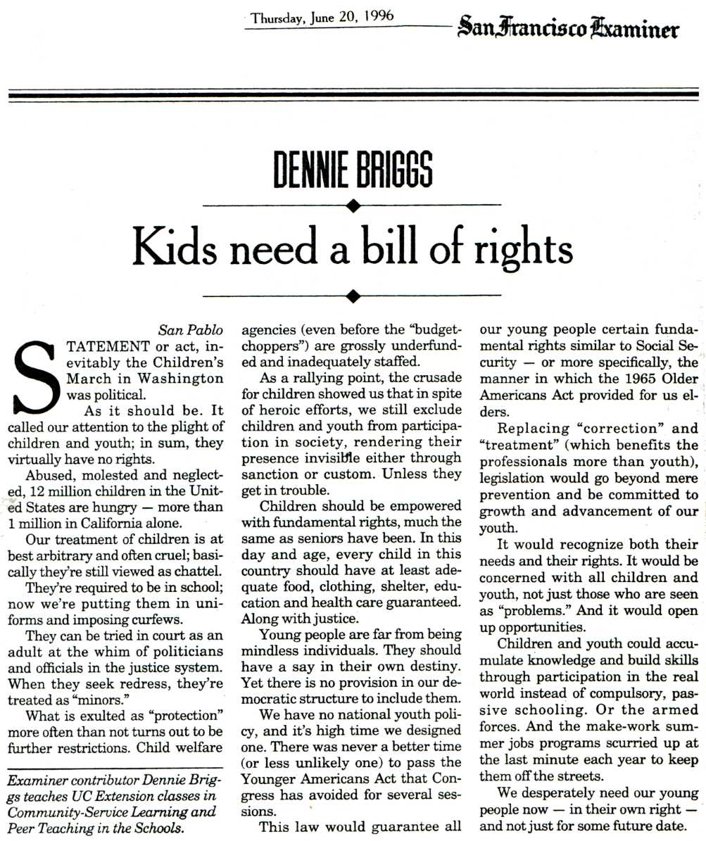 newspaper cutting: 'Kids Need a Bill of Rights' by Dennie Briggs, San Francisco Examiner (20th June, 1996)