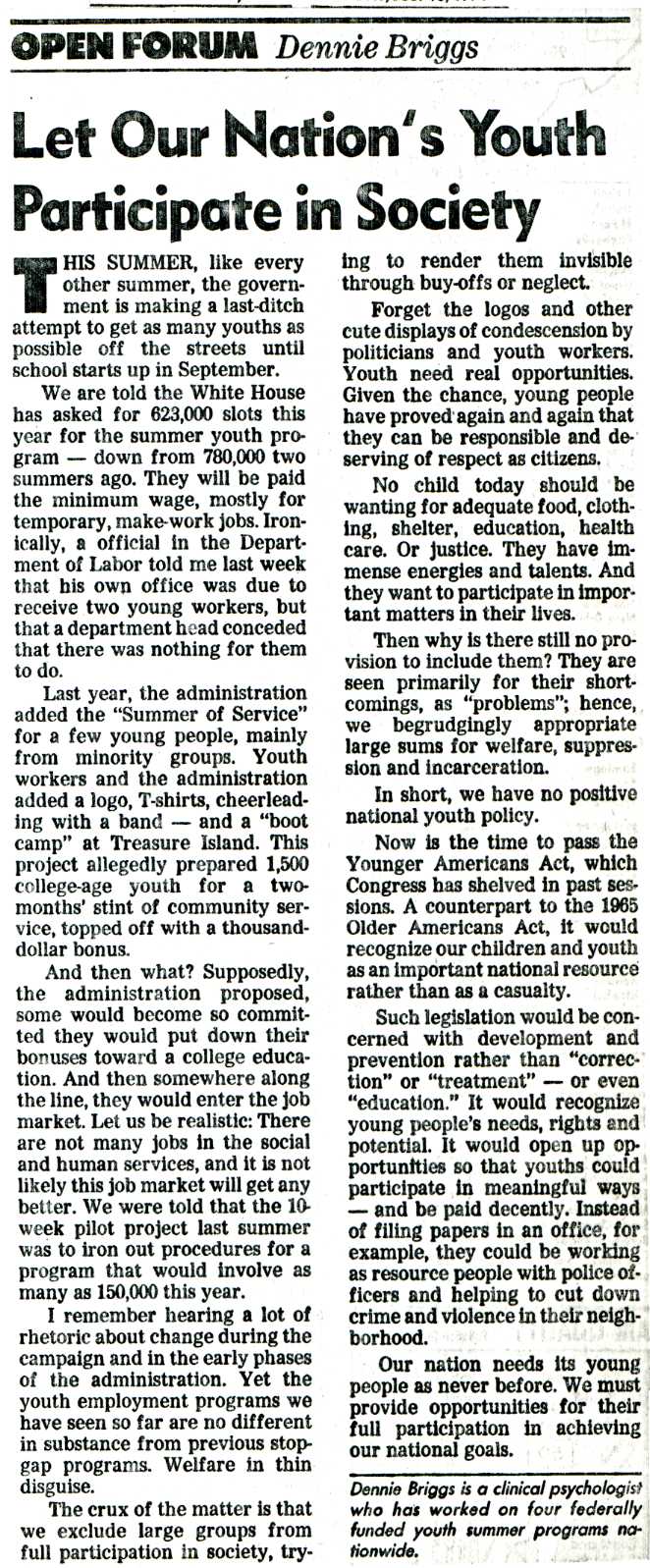 newspaper cutting: 'Let Our Nation's Youth Participate in Society' by Dennie Briggs, San Francisco Chronicle (18th July 1994)
