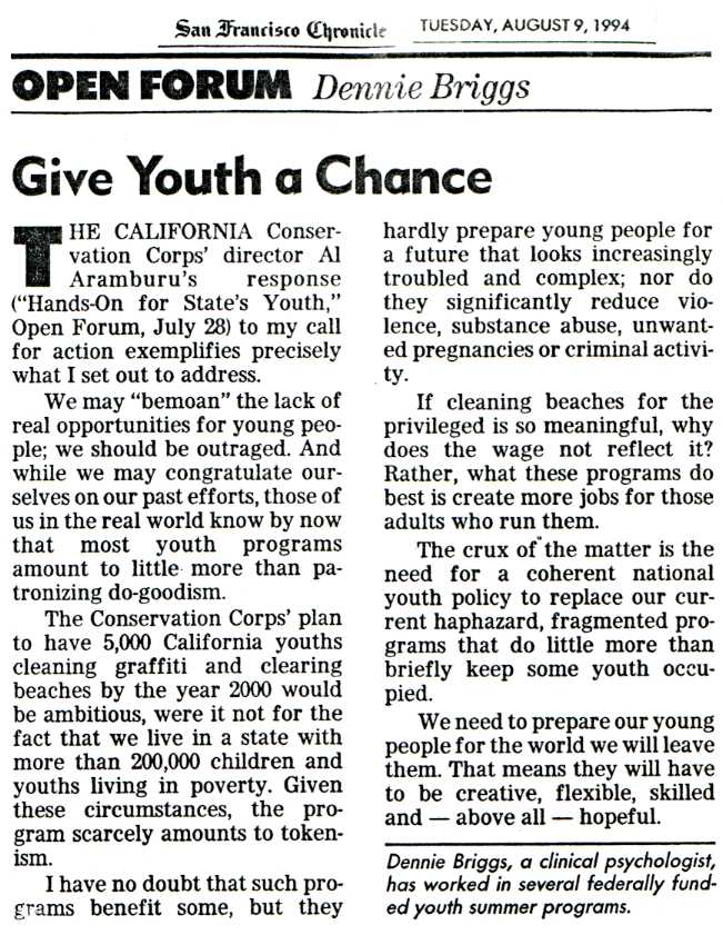 newspaper cutting: 'Give Youth a Chance' by Dennie Briggs, San Francisco Chronicle (9th August, 1994)