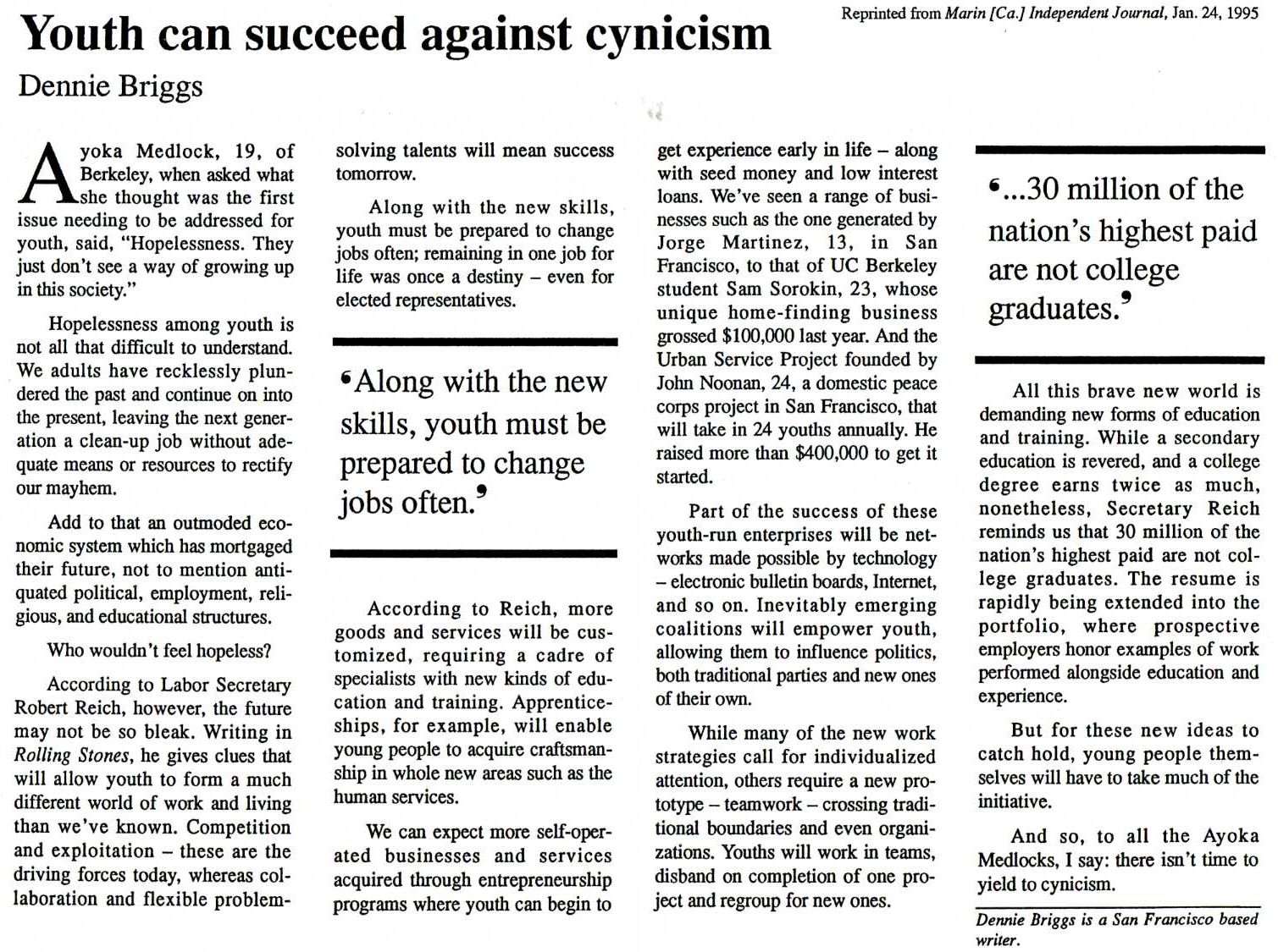 'Youth Can Succeed Against Cynicism' by Dennie Briggs, Marin Independent Journal (24th January, 1995)
