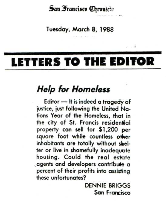 newspaper cutting: ‘‘‘Help for Homeless’ by Dennie Briggs, San Francisco Chronicle (8 March 1988)