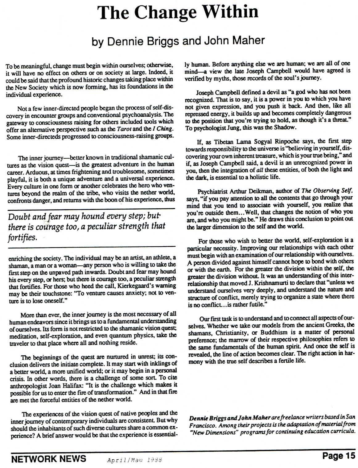 newspaper cutting: 'The Change Within' by Dennie Briggs and John Maher, Network News (April/May, 1988)