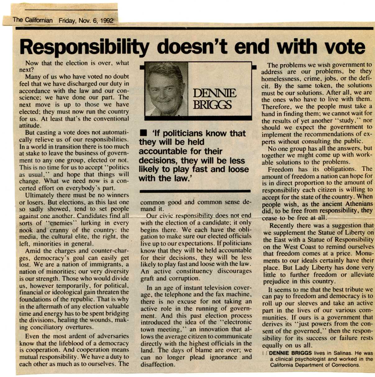 newspaper cutting: 'Responsibility doesn't end with Vote' by Dennie Briggs, The Californian (6th November, 1992)