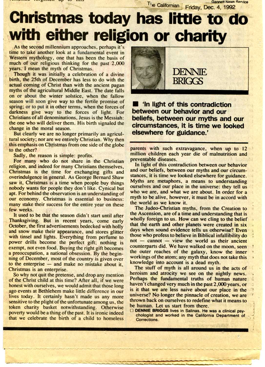 newspaper cutting: 'Christmas today has little to do with either Religion or Charity' by Dennie Briggs, The Californian (4th December 1992)