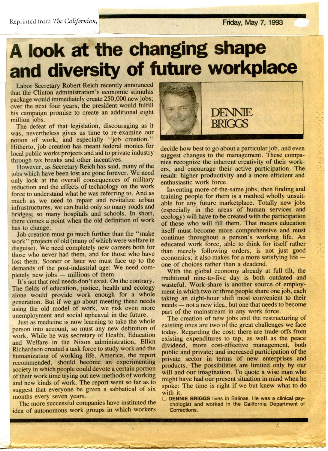 newspaper cutting: 'Look at the Changing Shape and Diversity of the Future Workplace' by Dennie Briggs, The Californian (7th May 1993)