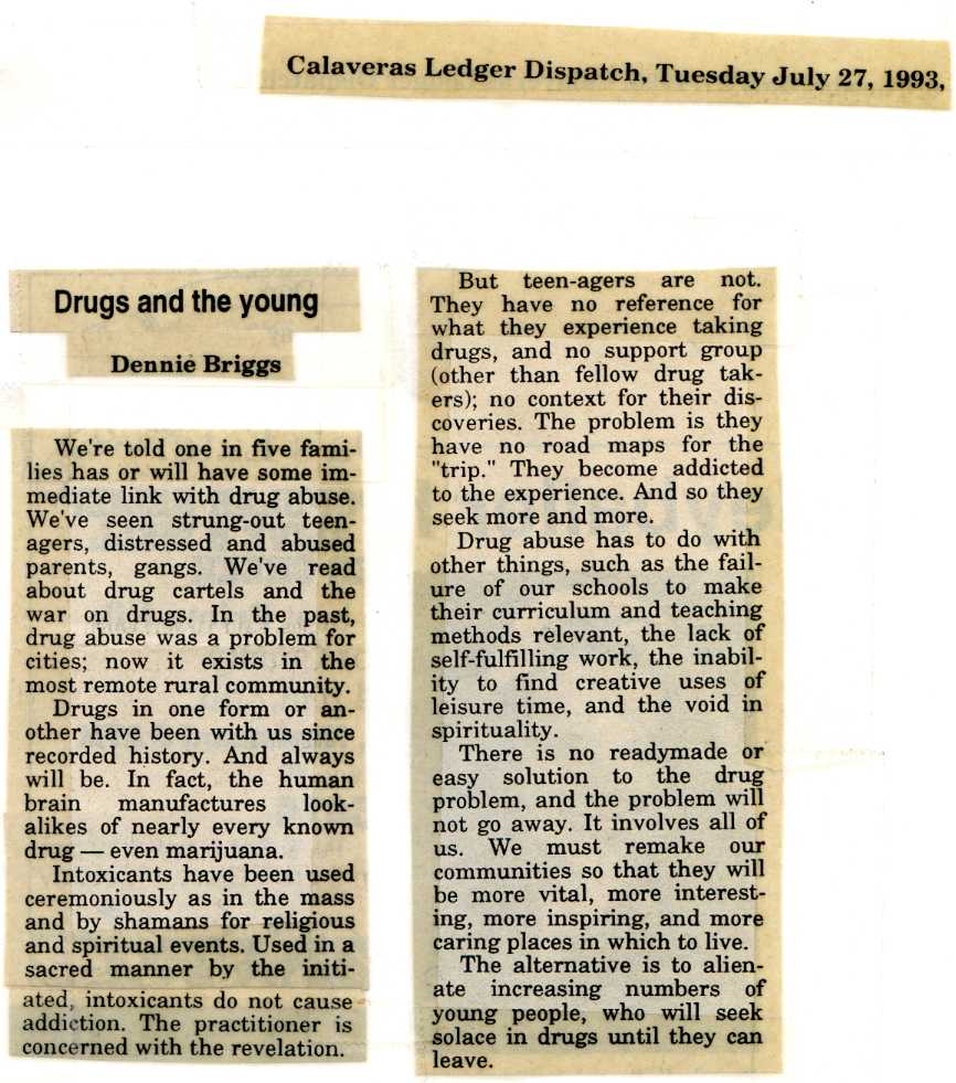 newspaper cutting: 'Drugs and the Young' by Dennie Briggs, Calaveras Ledger Dispatch (27th July 1993)