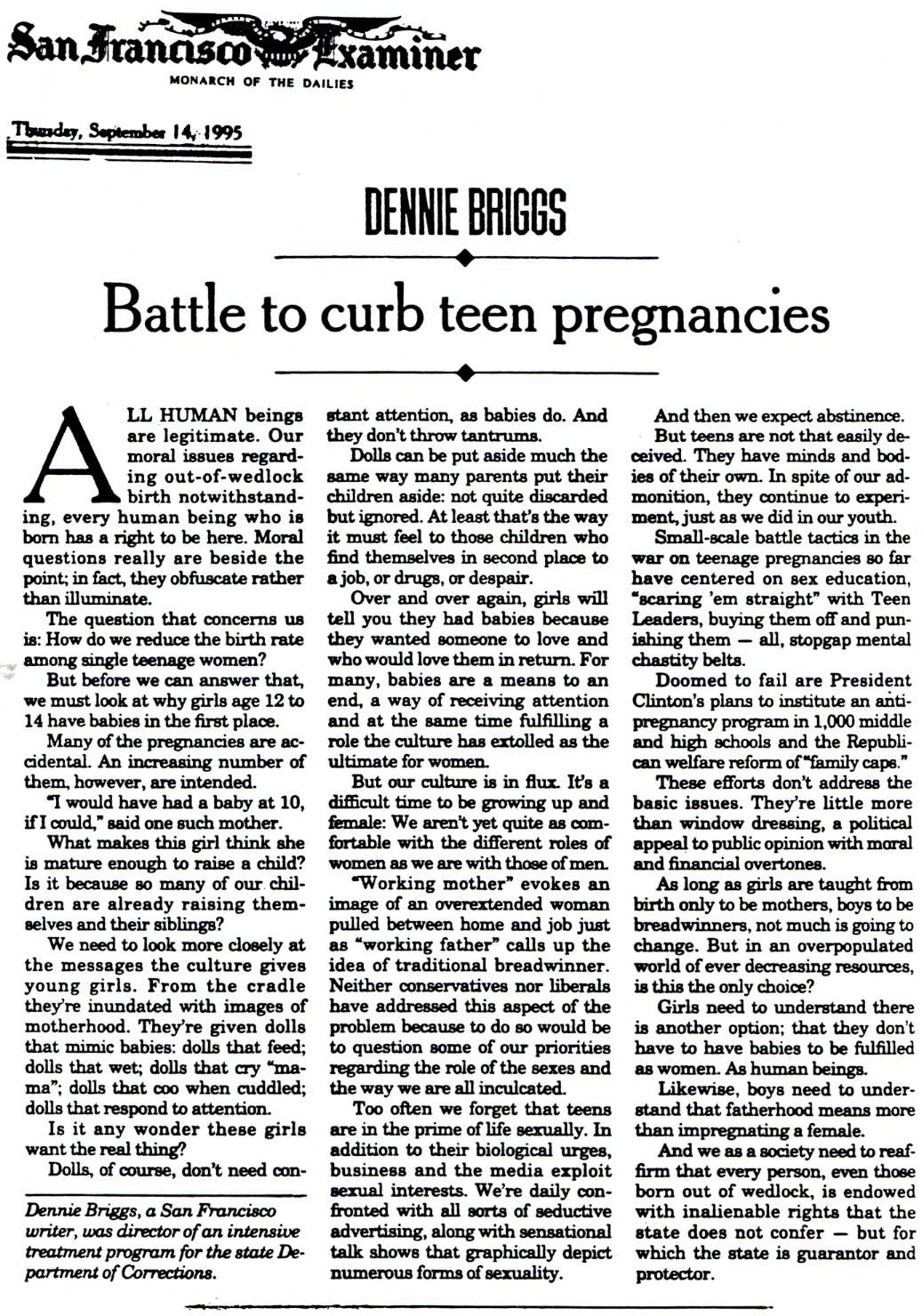 newspaper cutting: 'Battle to curb teen pregnancies' by Dennie Briggs, San Francisco Examiner (4th September 1995)