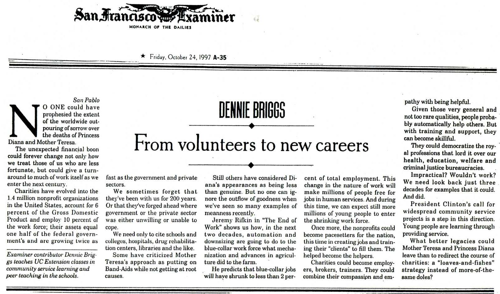 newspaper cutting: 'From Volunteers to new Careers' by Dennie Briggs, San Francisco Examiner (24th October, 1997)