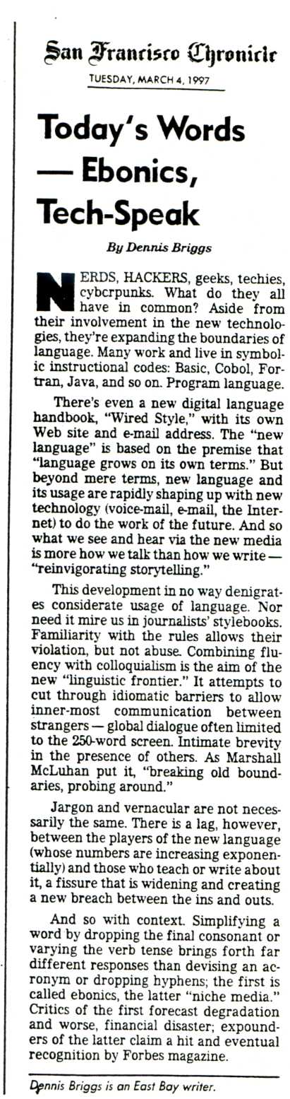 newspaper cutting: 'Today's Words - Ebonics,Tech-speak' by Dennie Briggs, San Francisco Chronicle (4th March, 1997)