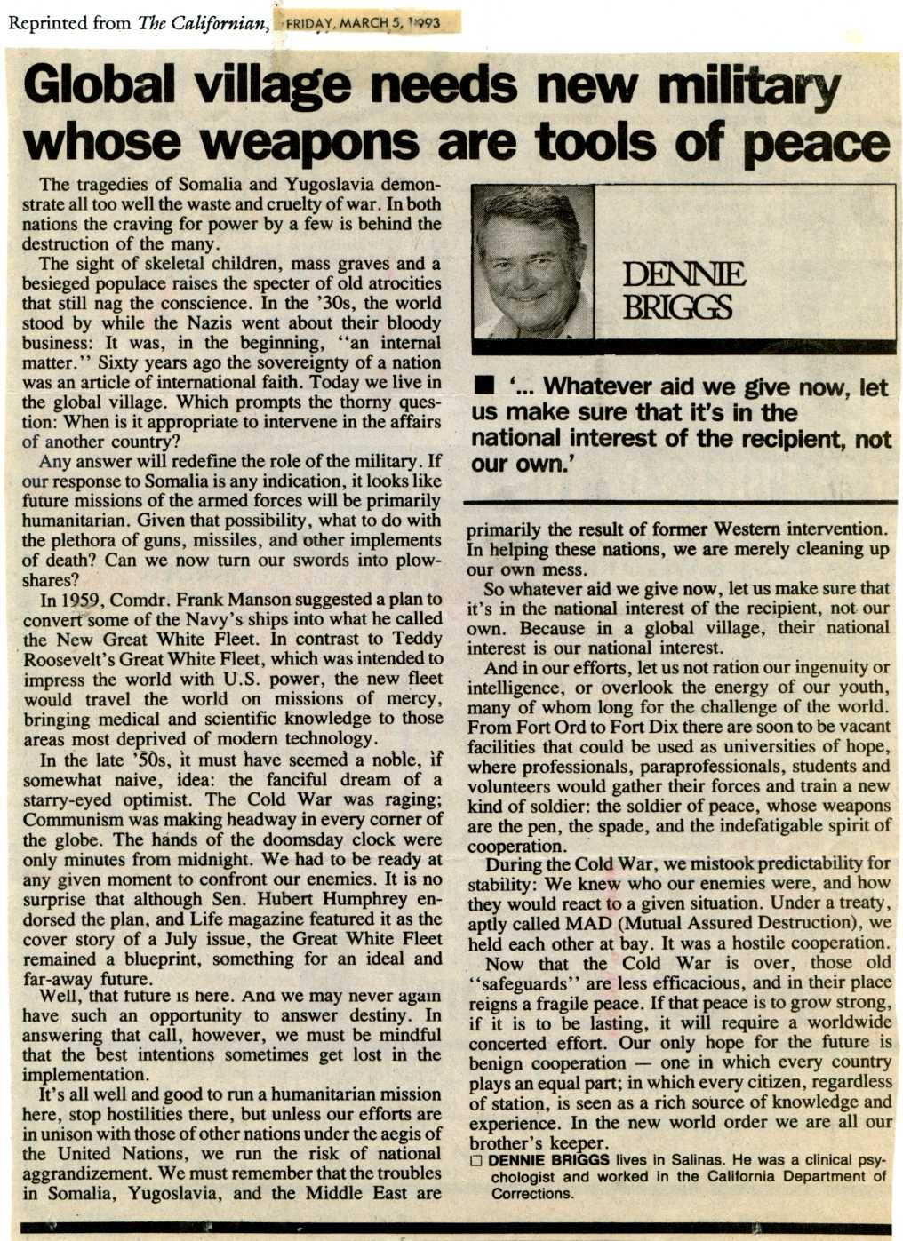 newspaper cutting: ‘Global village needs new military whose weapons are tools of peace’ by Dennie Briggs, The Californian (March 5th 1993)