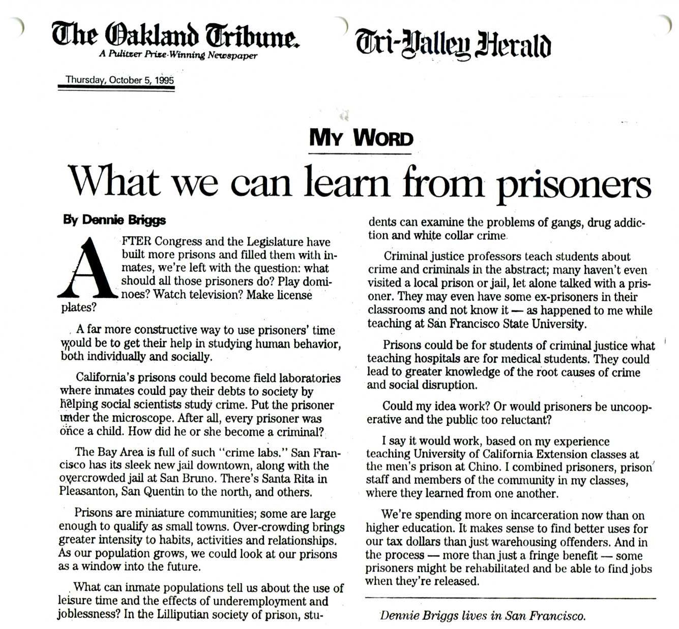 newspaper cutting: ‘What we can learn from prisoners’ by Dennie Briggs, Oakland Tribune (October 5th 1995)