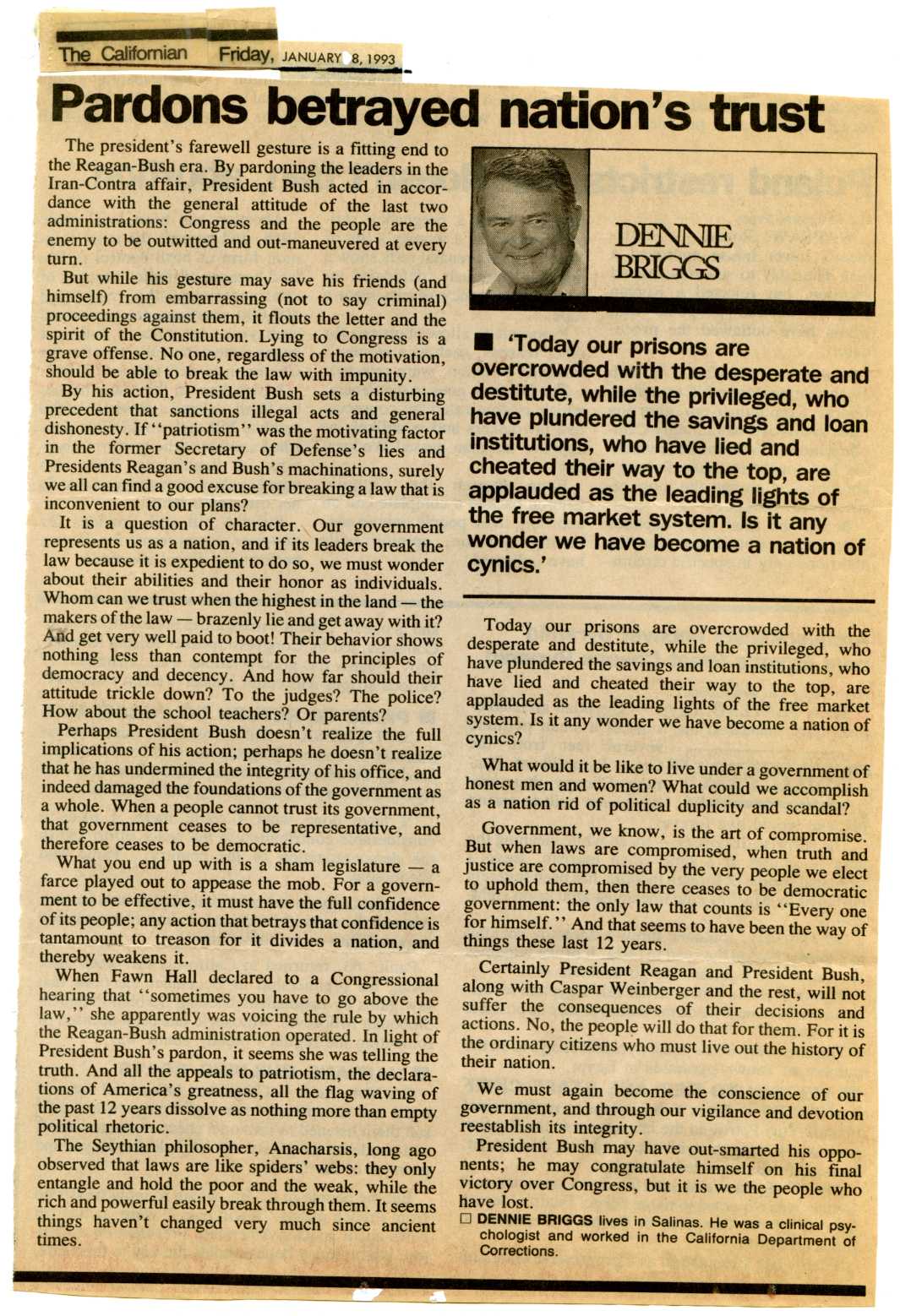 newspaper cutting: ‘Pardons betrayed nation’s trust’ by Dennie Briggs, The Californian (January 8th 1993) 