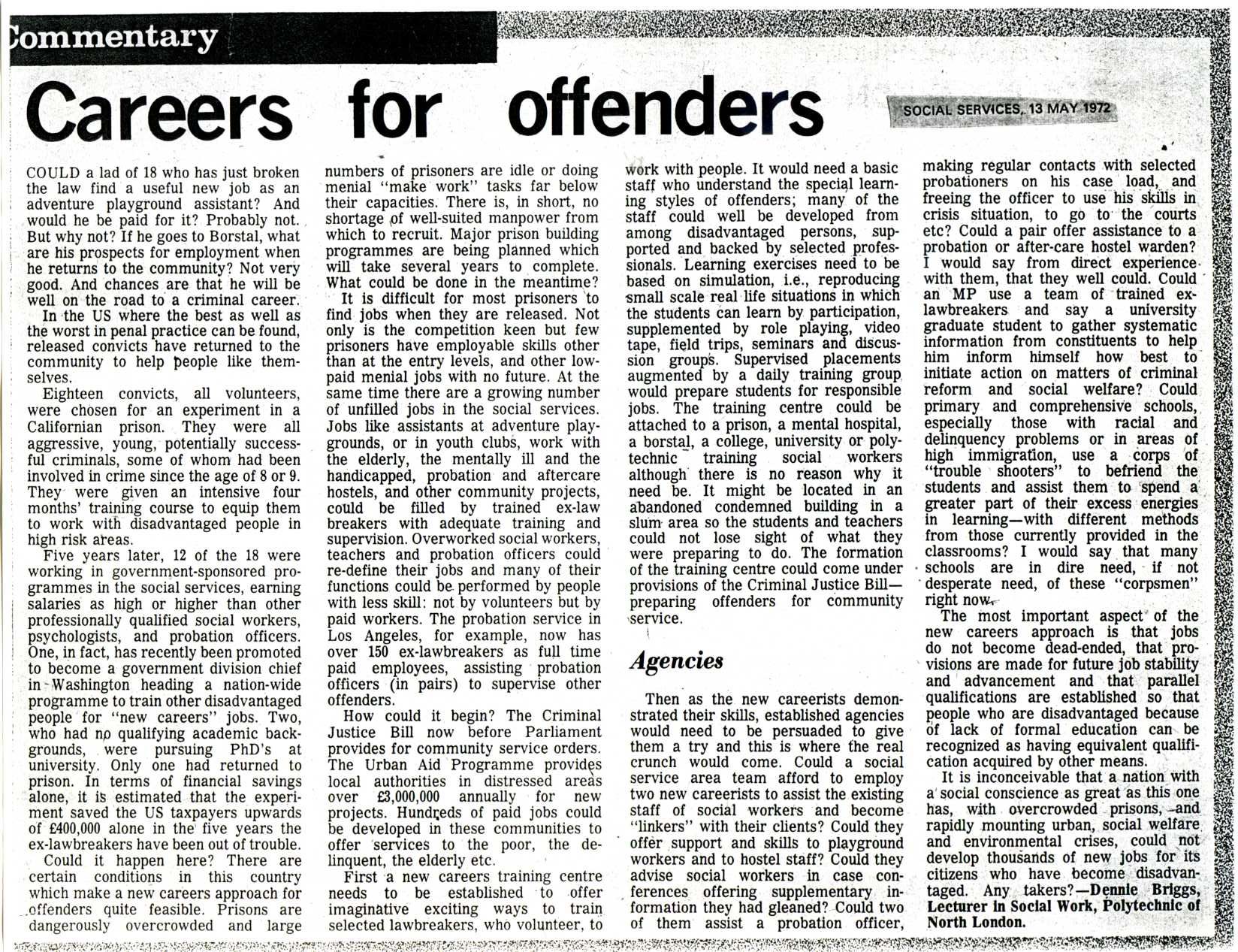 newspaper cutting: ‘careers for offenders’ by dennie briggs (13 May 1972)