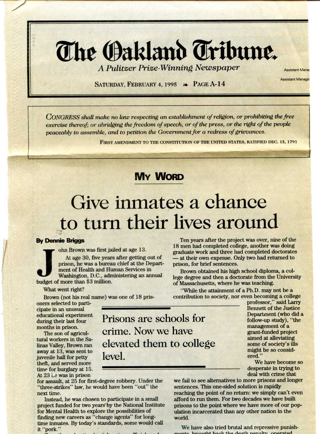 newspaper cutting: '‘Give inmates a chance to turn their lives around’ by Dennie Briggs, Oakland Tribune (February 4th 1995)