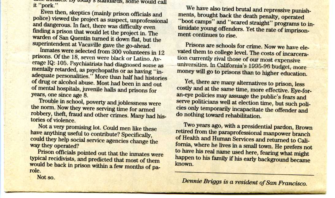 newspaper cutting: '‘Give inmates a chance to turn their lives around’ by Dennie Briggs, Oakland Tribune (February 4th 1995)