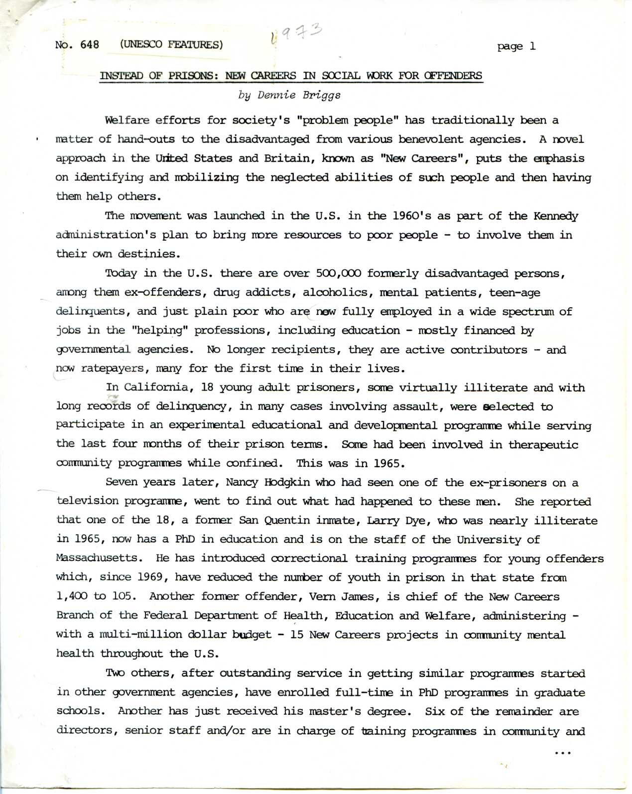 newspaper cutting: ‘Instead of Prisons: New Careers in Social Work for Offenders’ by Dennie Briggs, UNESCO Features No. 648 (1973)