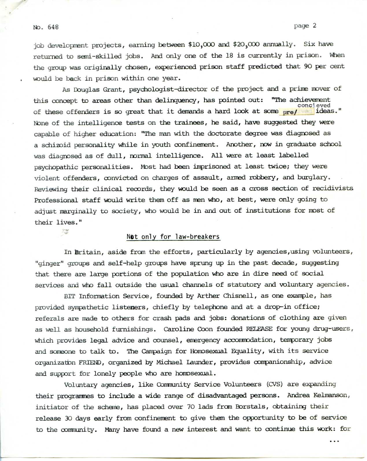 newspaper cutting: ‘Instead of Prisons: New Careers in Social Work for Offenders’ by Dennie Briggs, UNESCO Features No. 648 (1973)