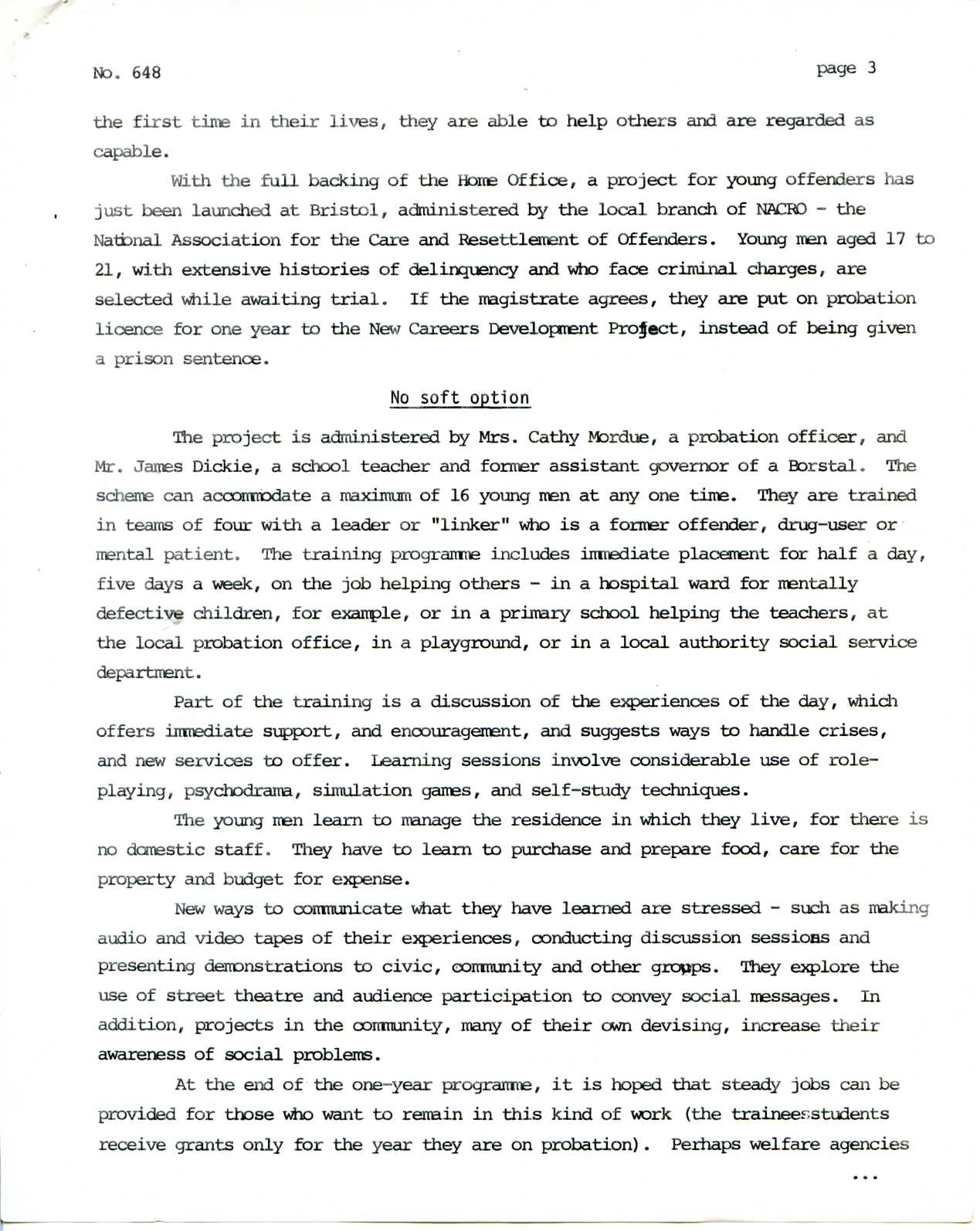 newspaper cutting: ‘Instead of Prisons: New Careers in Social Work for Offenders’ by Dennie Briggs, UNESCO Features No. 648 (1973)