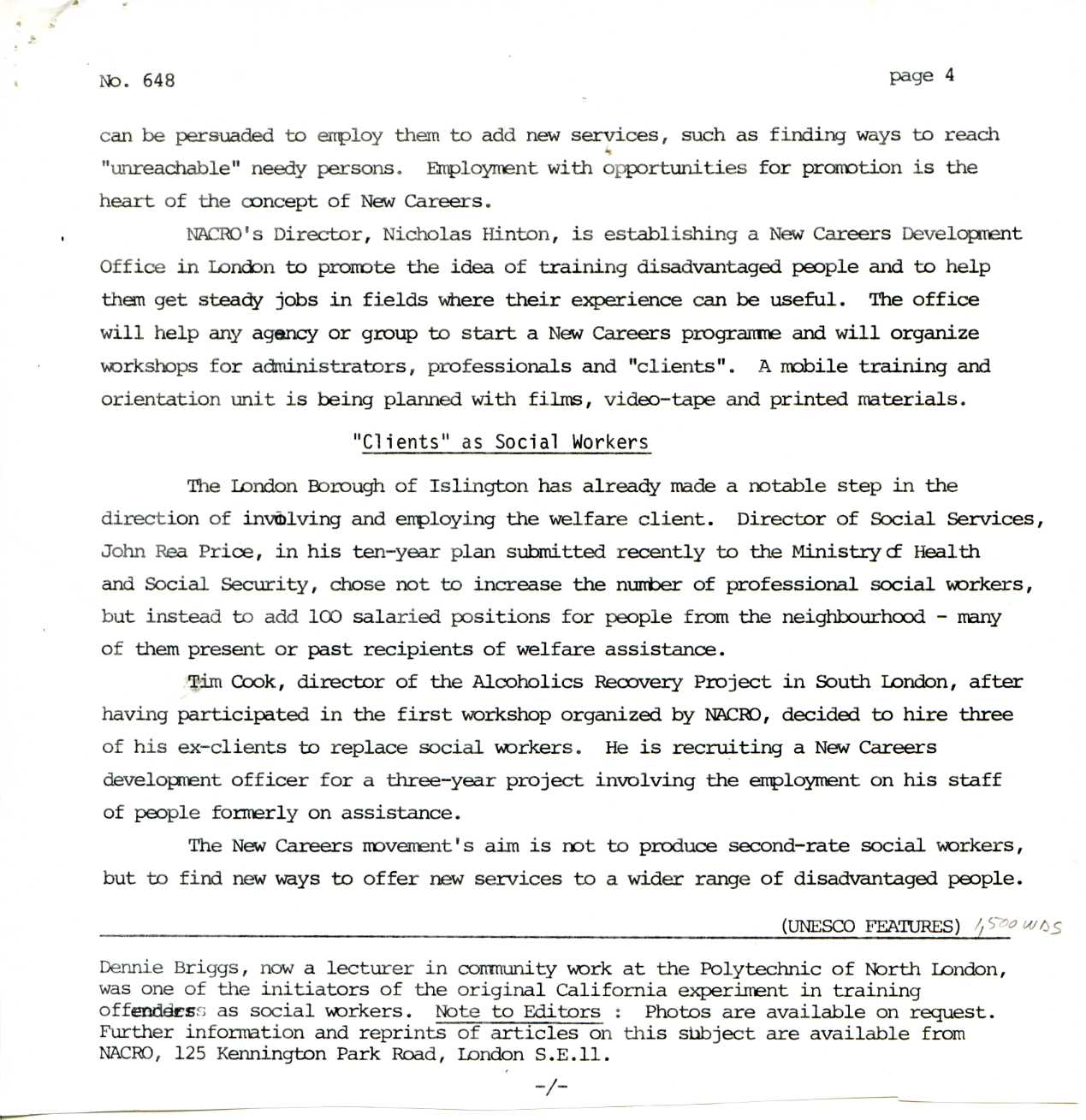 newspaper cutting: ‘Instead of Prisons: New Careers in Social Work for Offenders’ by Dennie Briggs, UNESCO Features No. 648 (1973)
