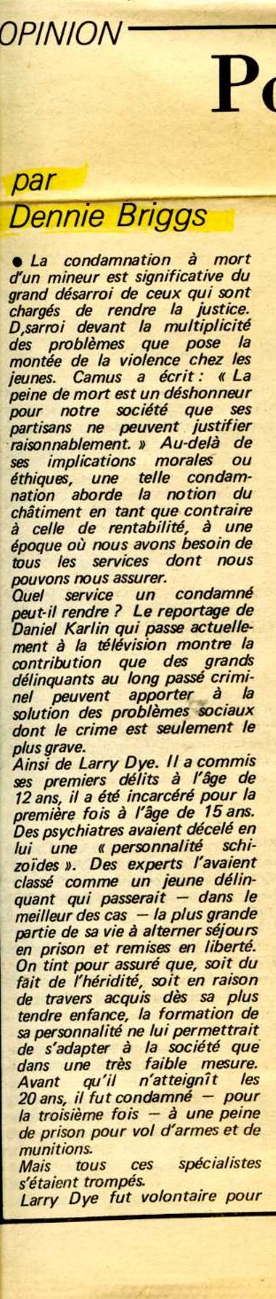 newspaper cutting: ‘Pour quel exemple?’ par Dennie Briggs (late 1975/early January 1976)