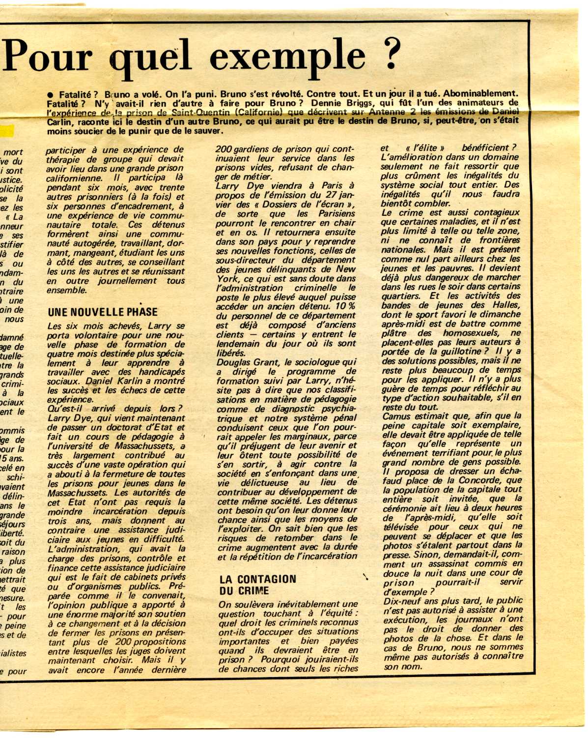 newspaper cutting: ‘Pour quel exemple?’ par Dennie Briggs, Le Quotidien Paris (January 18, 1976)