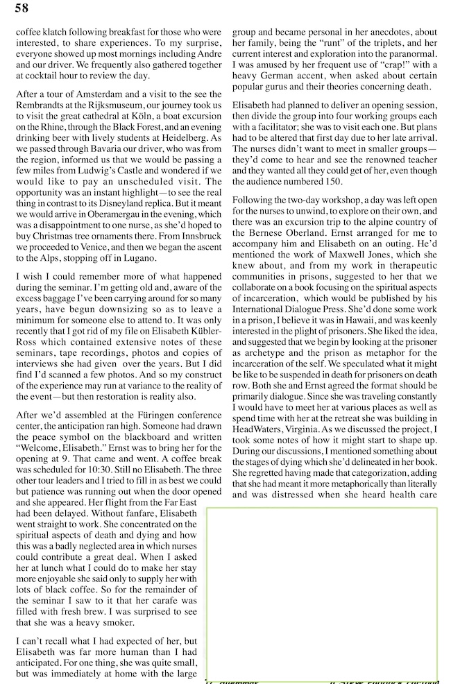 newslettercutting: ‘Milestones: Dr Elisabeth Kubler-Ross (1926-2004) - A Reminiscence’ by Dennie Briggs, Joint Newsletter 12 (2004)