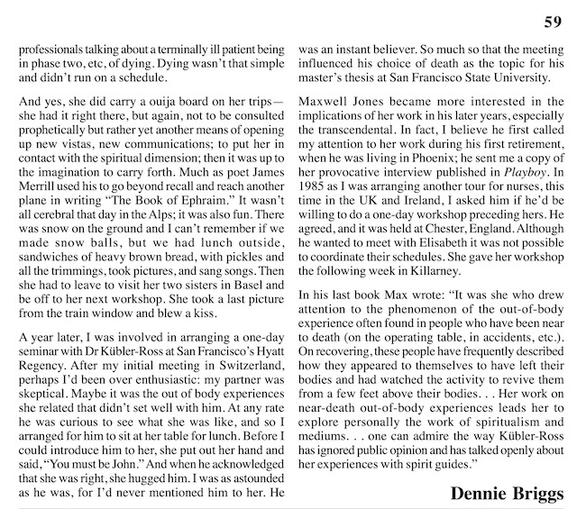 newslettercutting: ‘Milestones: Dr Elisabeth Kubler-Ross (1926-2004) - A Reminiscence’ by Dennie Briggs, Joint Newsletter 12 (2004)