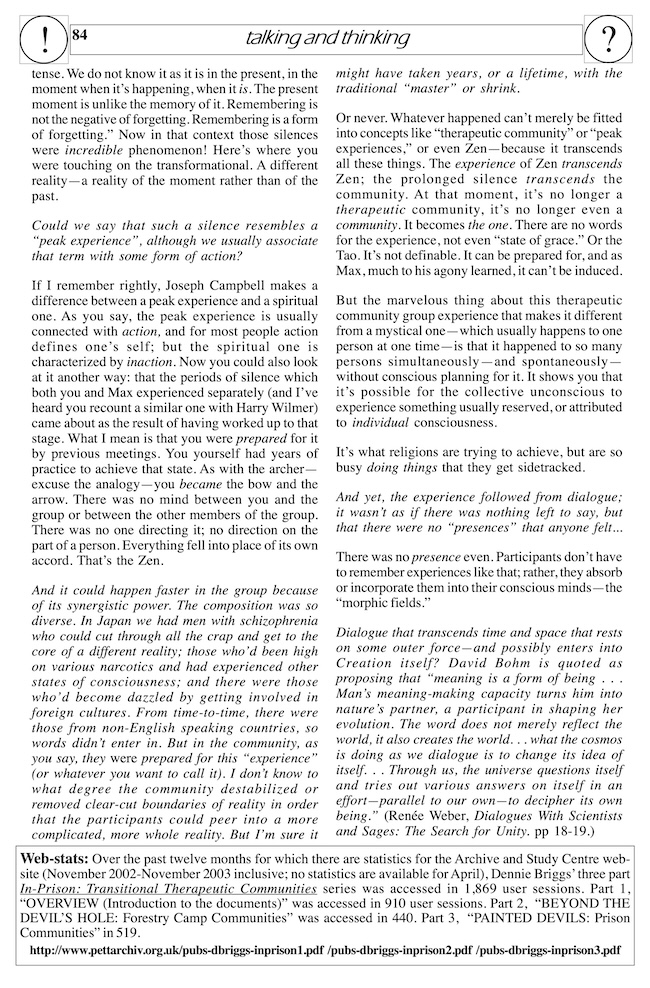 newsletter cutting: ‘Listening Appreciatively to the Silence’ by Dennie Briggs, Joint Newsletter 9 (2003)