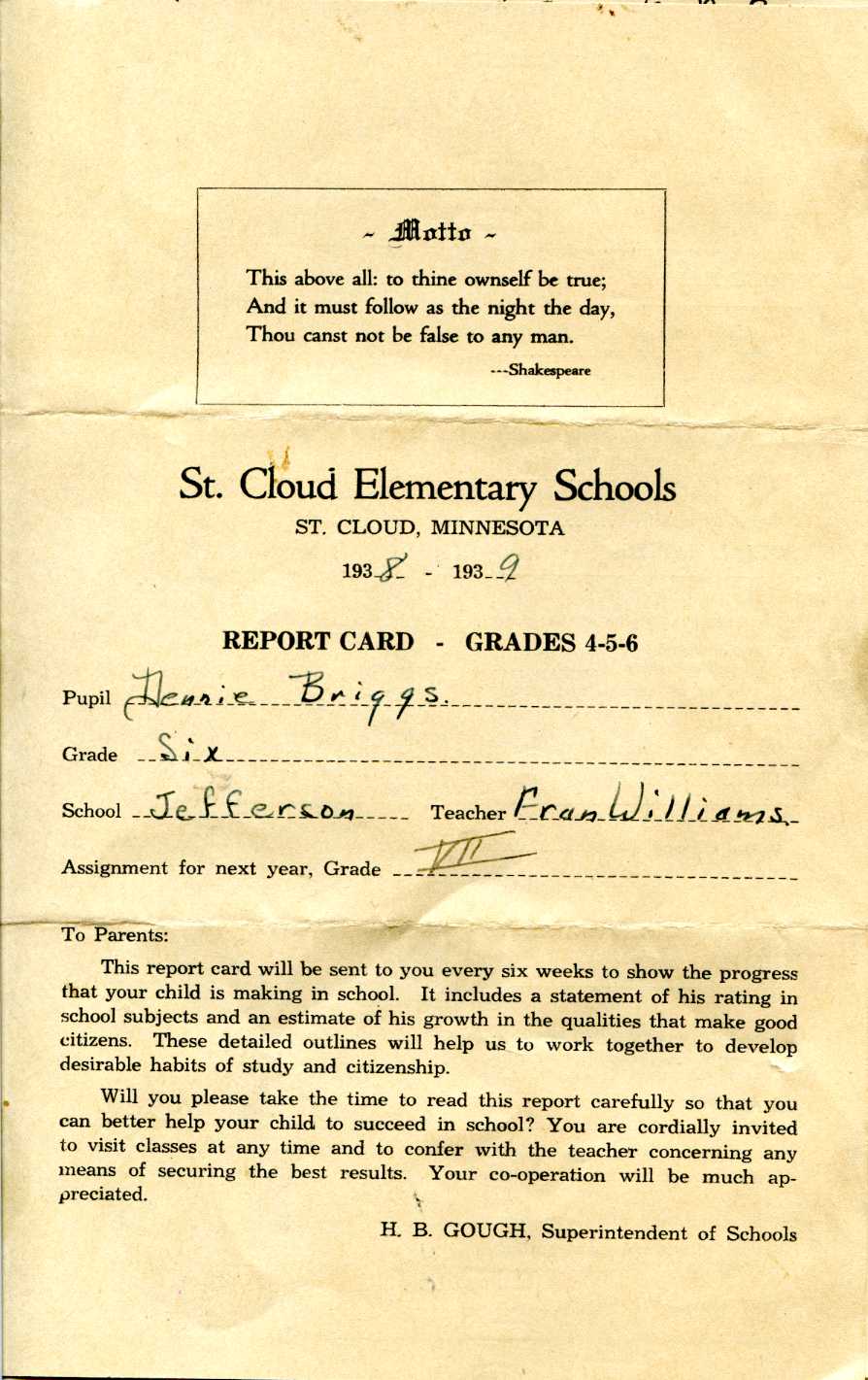 document: Report Card, St. Cloud Elementary School, Sixth Grade (1938-1939)