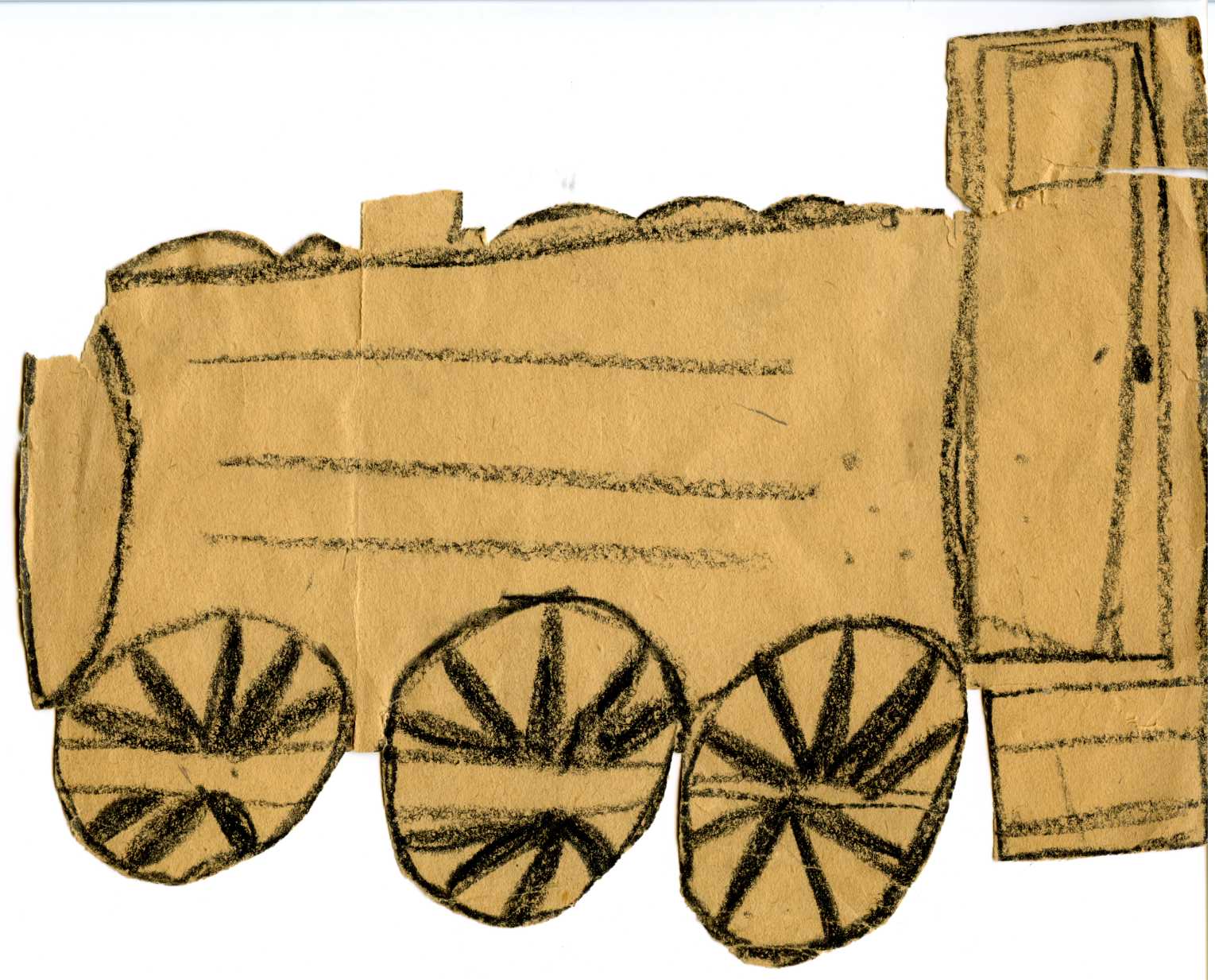 document: Brown paper hand-cut and drawn train and invitation to Mother “to see our trip through healthland” (c. 1930)