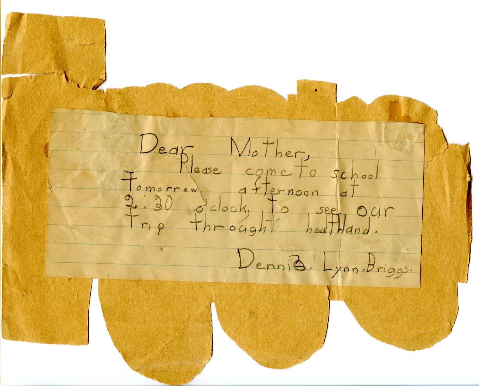document: Brown paper hand-cut and drawn train and invitation to Mother “to see our trip through healthland” (c. 1930)
