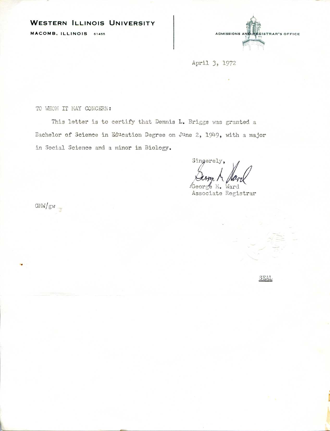 document: Certificate (1972) of graduation from Western Illinois University, BSc in Education (1949)