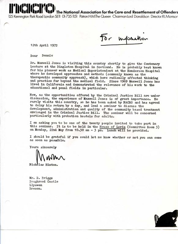 document: Invitation from Nicholas Hinton, NACRO, to special seminar of 20 people, with Maxwell Jones, May 22, in the House of Lords (1972) (1972)