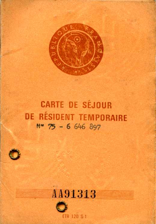 document: Carte de Sejour de Résident Temporaire, France (January to July 1977)