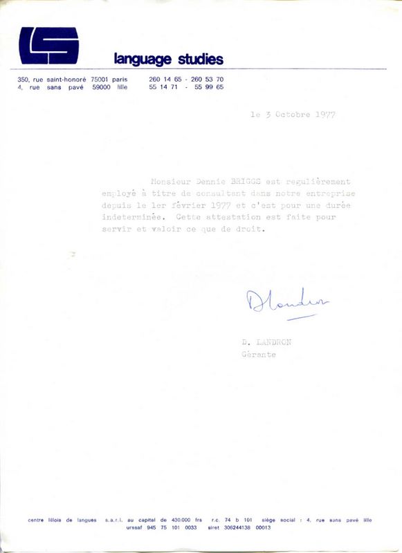 document: Letter on “language studies” (Paris) letterhead certifying Dennie’s employment as a consultant from February 1st for an indefinite period (October 1, 1977)
