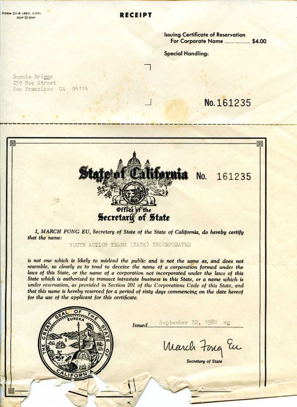 document: Certificate of Reservation for Corporate Name, ‘Youth Action Teams (YATS) Incorporated (September 22, 1980)