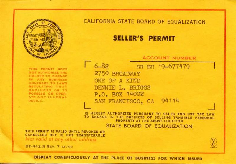 document: Seller’s Permit, ‘One of a Kind’ (June 1982)