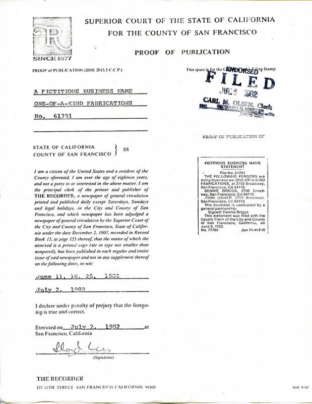 document: Proof of Publication of A Fictitious Business Name  (1982) in four issues of THE RECORDER, June 11, 18, 25 and July 2, 1982